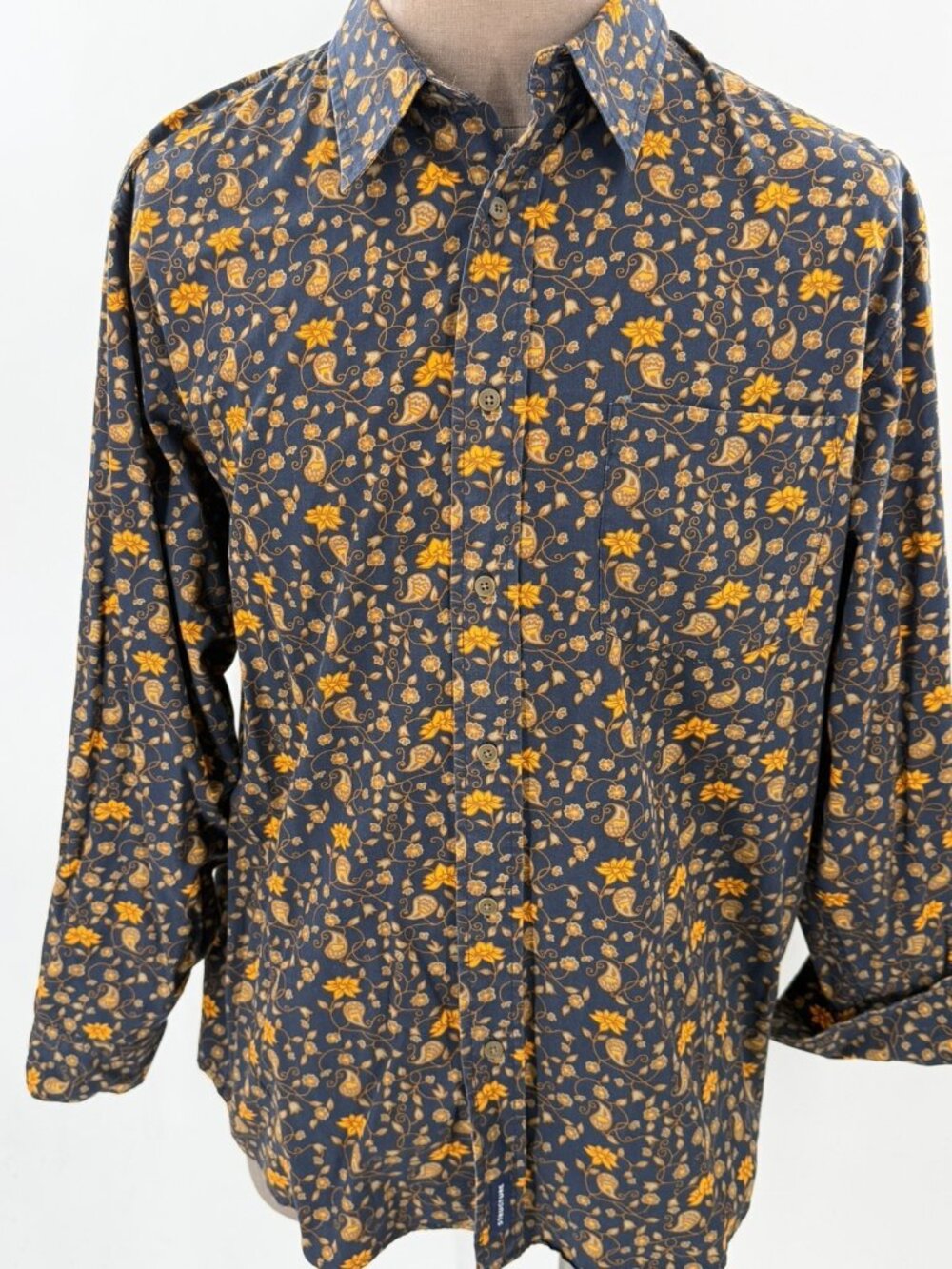 Structure Button Up Floral Shirt Navy Yellow Cotton Long Sleeve 90's Y2K Large